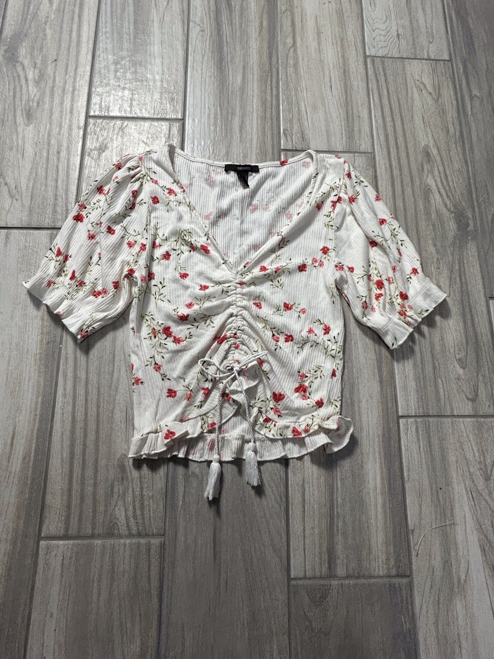 Floral Ruched V-Neck Small Ribbed Baby Top White Red Ruffles Peasant Boho